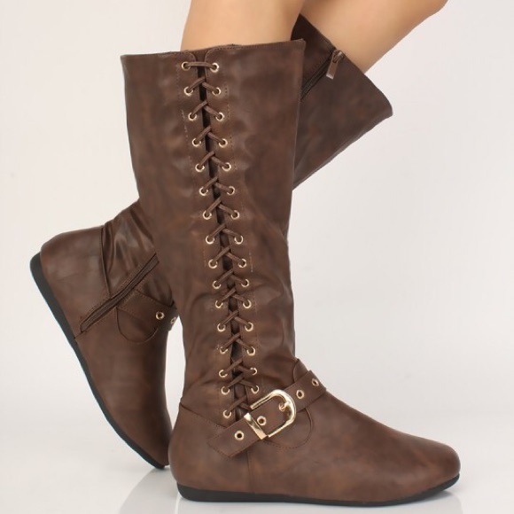 5⭐️BROWN Lace Up Mid-Calf Round Flat Boots- Shoe - Picture 2 of 2